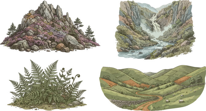 Watercolor Scottish Highland Landscape Vector Set Featuring Heather Covered Mountains Waterfall Canyon Green Fern Bush and Rolling Hills with Country Road and Sheep