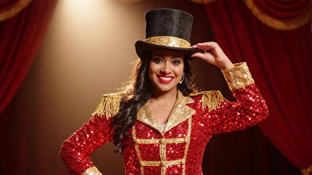 Smiling woman in a dazzling red sequined ringmaster costume on stage.