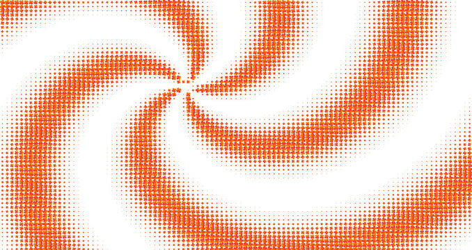 Abstract orange halftone spiral pattern with circular dots on a black background, dynamic vortex for motion and energy concepts
