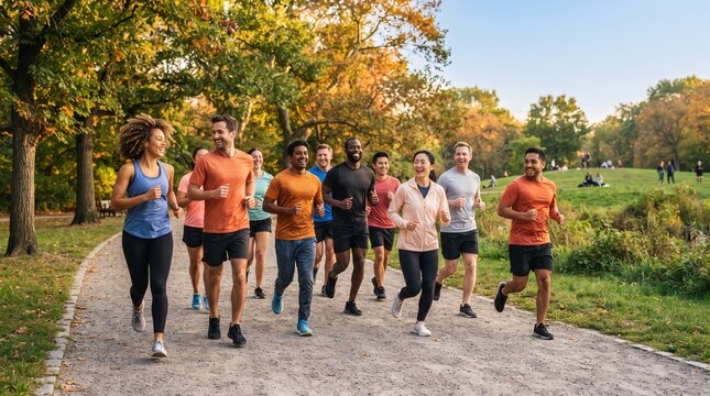 Group of diverse people running on a path in a park for fitness