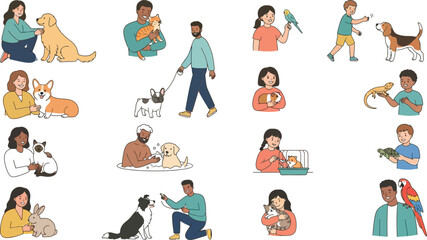 Fototapeta premium Diverse people with various pets including dogs cats birds and reptiles vector illustration set