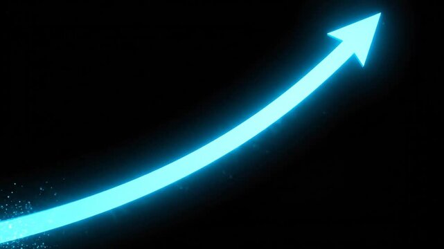 Blue glowing arrow with sparkling trail moving diagonally upwards on black background