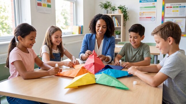 Teacher and students creating colorful paper crafts together