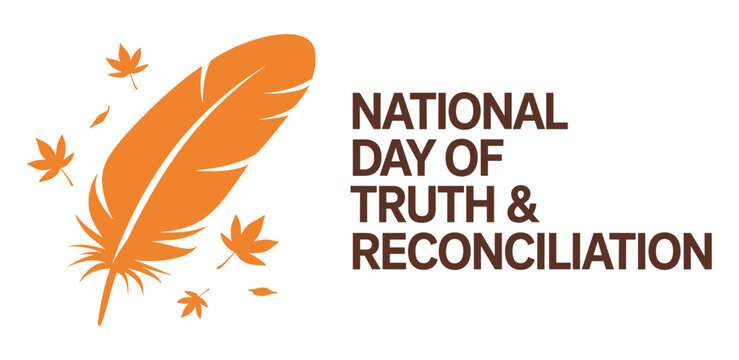 National Day of Truth and Reconciliation orange shirt day graphic with an orange feather and autumn leaves