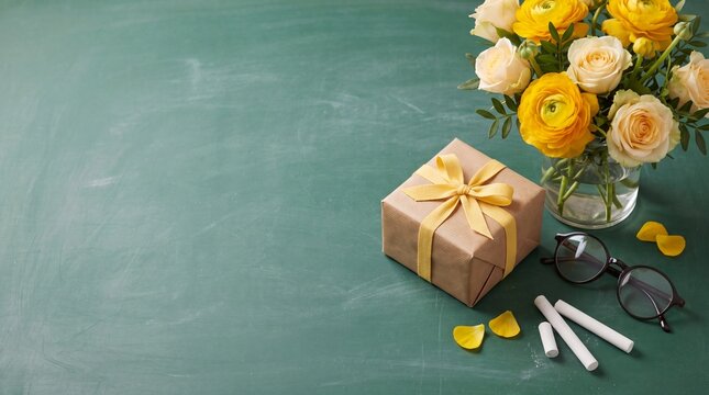 Teachers Day concept with gifts, flowers and school supplies