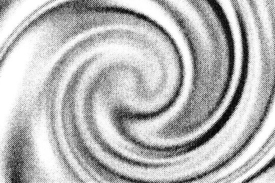 A soft monochrome spiral curls inward through layered printed halftone lines and grain.