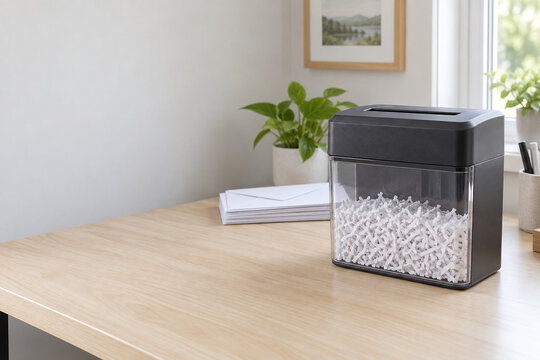 Paper shredder with shredded documents on a home office desk