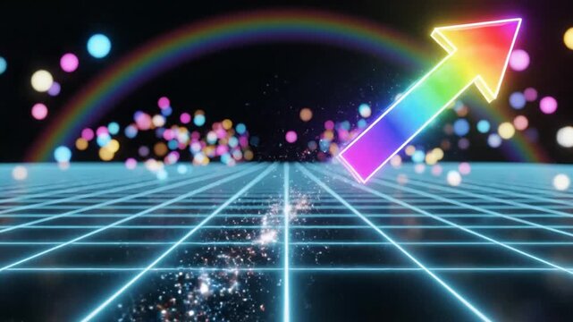 Vibrant rainbow arrow on futuristic grid with bokeh lights
