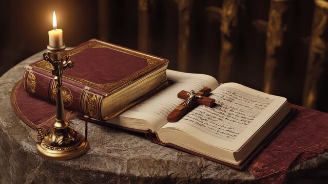 Open Bible with Wooden Cross, Candle, and Antique Book on Stone Surface &ndash; Religious Still Life