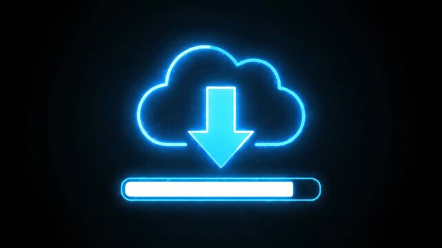 Blue neon cloud download icon with glowing progress bar