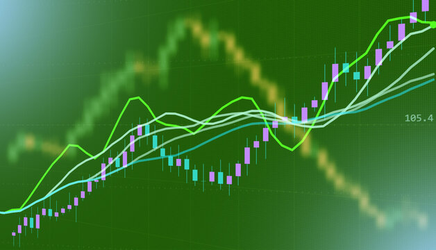 Advanced stock market chart featuring multiple trend lines and glowing candlestick patterns over a green gradient background, symbolizing financial growth, economic analysis, and investment.
