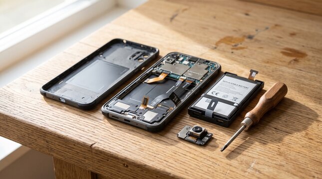 Disassembled smartphone parts with screwdriver on wooden table