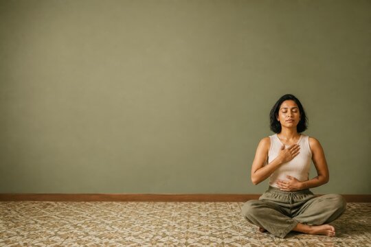 Calm meditation scene with a seated woman practicing mindfulness indoors
