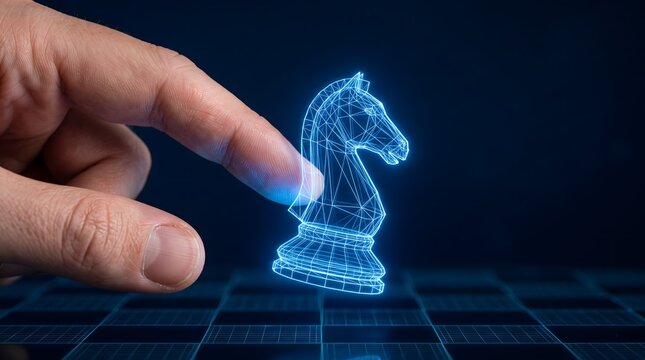 A human hand touching a glowing blue digital wireframe chess knight on a virtual board.