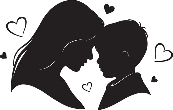 Mother and son silhouette graphic with hearts surrounding them silhouette parenting maternal affection together relationship illustration togetherness attachment devotion kindness