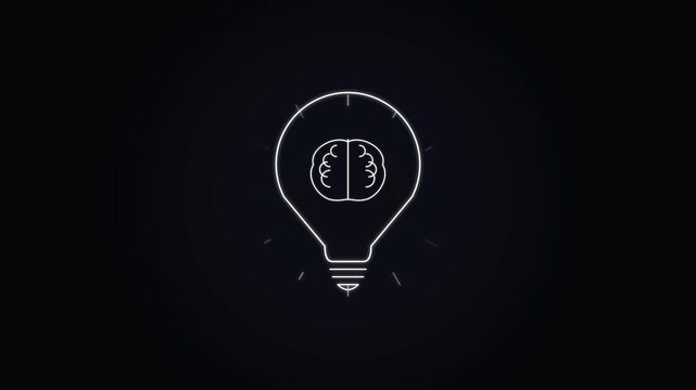 Glowing light bulb with human brain icon animation on dark background, for creative thinking, and innovation concepts