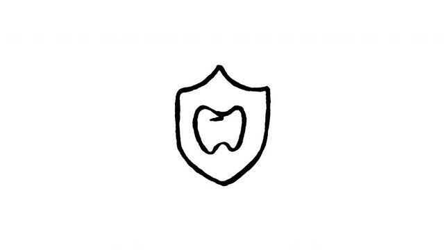 Animated doodle icon of a tooth inside a protective shield emblem for health safety.