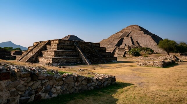 Ancient stone pyramids and ruins under clear blue sky in a dry grass landscape with distant hills