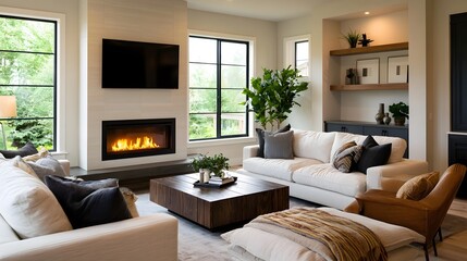 Obraz premium Modern living room with fireplace large and comfortable seating arranged for relaxation and conversation