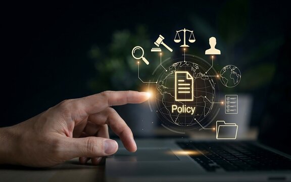 Finger touching a laptop trackpad near a glowing holographic policy document and legal symbols