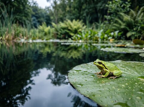 Green Frog in Pond Water, Wet Amphibian Resting in a Natural Aquatic Habitat with Leaf, Marsh Vegetation and Peaceful Summer Wildlife Setting