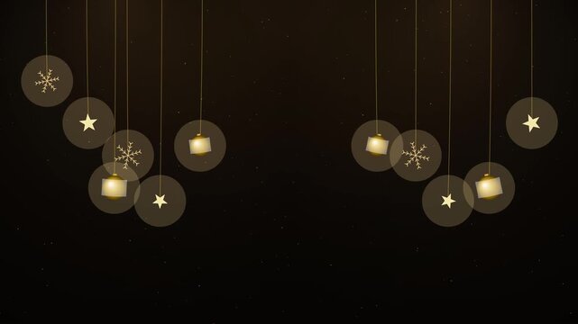 Golden christmas baubles hanging with snowflakes and stars animation on dark background, for holiday greeting card