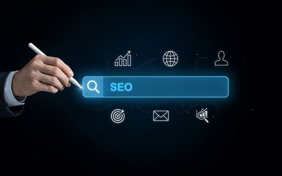Hand using stylus to interact with a glowing seo search bar interface against dark background