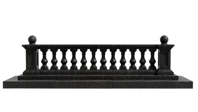 Ornate black granite balustrade with spherical finials, isolated on transparent background