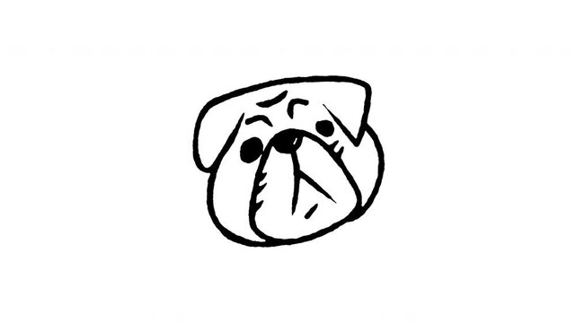 Animated doodle icon of a chubby Pug dog face with wrinkled snout and big eyes.