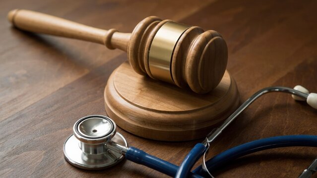 Wooden gavel and medical stethoscope on a dark table with stethoscope medicine malpractice healthcare judgment