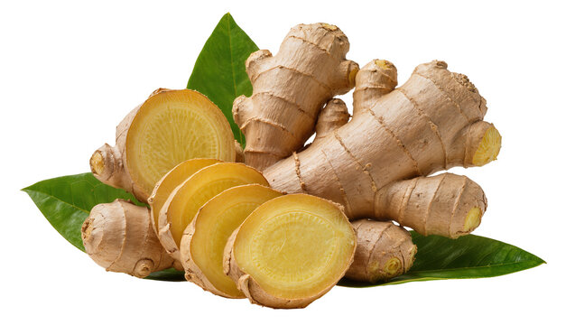 Whole and sliced fresh ginger root with green leaves, isolated on transparent background