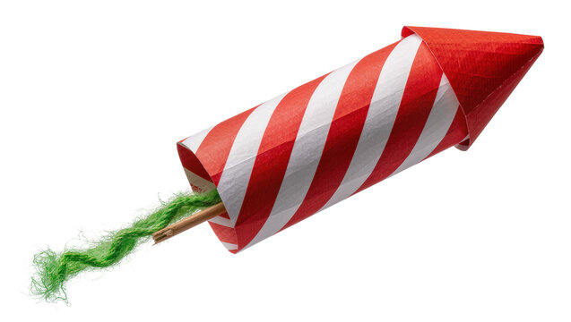 Red and white striped firework rocket with green fuse, isolated on transparent background