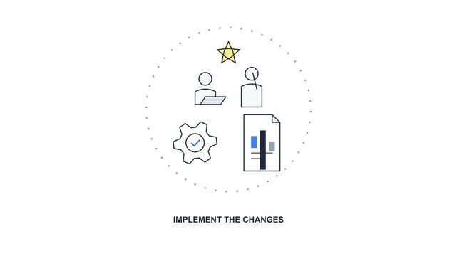 Implement the changes business concept animation with line icons showing teamwork, analytics, strategy, and success goal