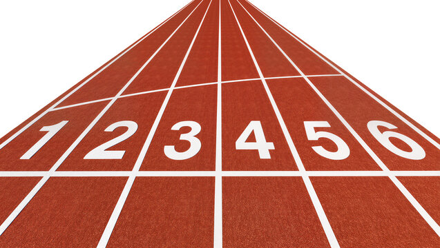 Red running track lanes numbered 1 to 6, isolated on transparent background