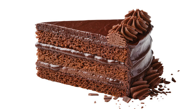 Rich triple-layer chocolate cake slice with glossy ganache and piped frosting, isolated on transparent background