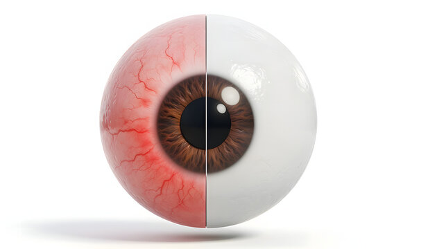 A medical educational of conjunctivitis, comparing a healthy eyeball to an infected red eye with inflammation from bacteria, virus, or allergy, as an ophthalmology or optician diagnostic concept.