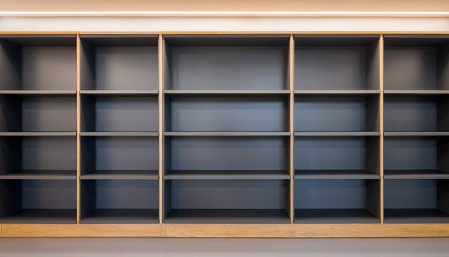 Front view of large empty modern wooden bookshelf grid cabinet with multiple storage compartments for interior display mockup.