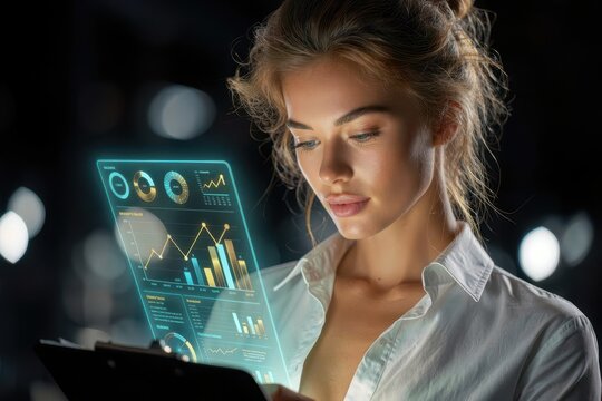 Woman analyzing financial data using futuristic holographic interface display