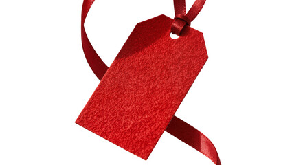 Obraz premium Textured red gift tag with satin ribbon, isolated on transparent background
