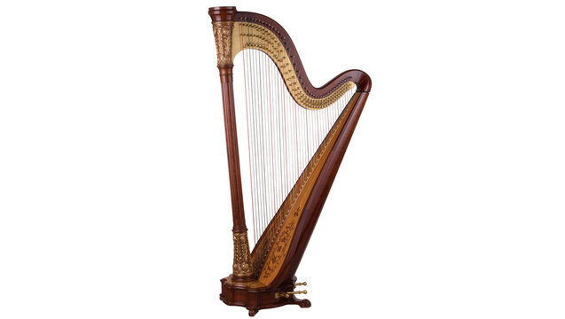 Ornate wooden harp with gold detailing, isolated on transparent background
