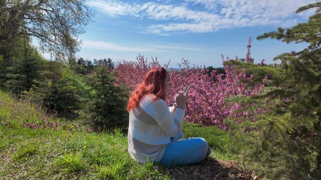 Redhead Woman Using Smartphone Near Blooming Sakura In Spring Park