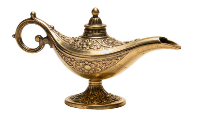 Ornate golden genie lamp with intricate floral patterns, isolated on transparent background © Sorin