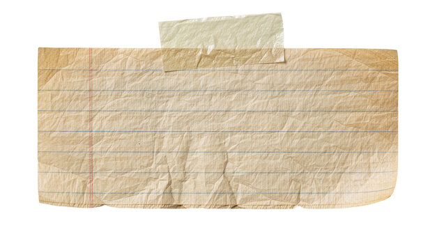 Crinkled lined paper note with tape, isolated on transparent background