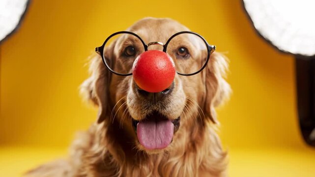 A funny Golden Retriever dog wearing round glasses and a red clown nose.