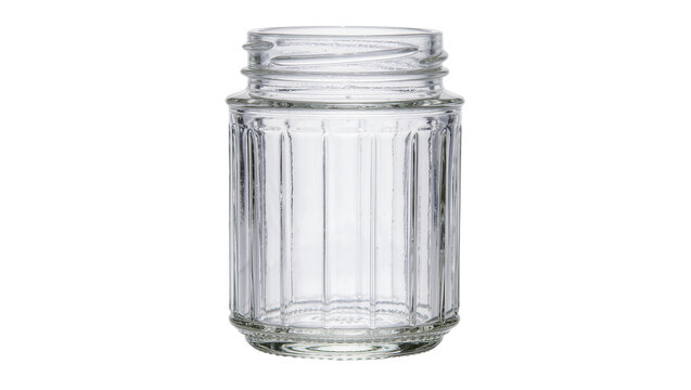 Clear glass jar with ribbed sides and threaded opening, isolated on transparent background