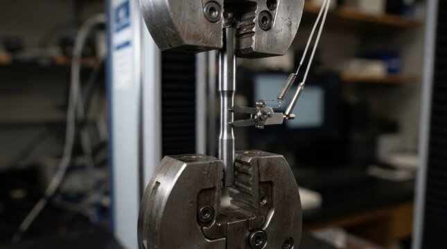 Tensile specimen with extensometer and metal grips in materials testing laboratory setup