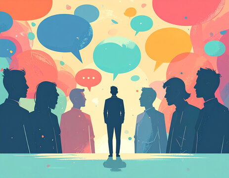 Group of People Surrounding One Individual With Speech Bubbles Representing Mobbing in Corporate Culture And Workplace Harassment Dynamics