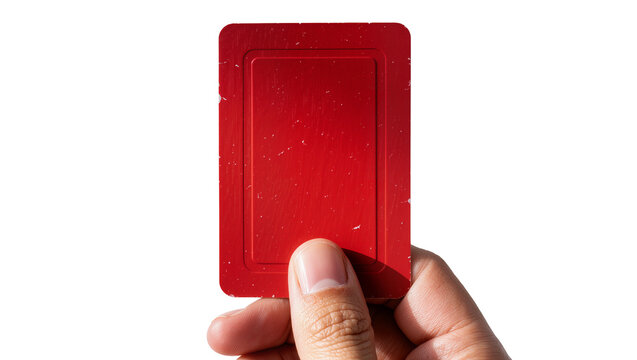 Hand holding blank red card with embossed border, isolated on transparent background