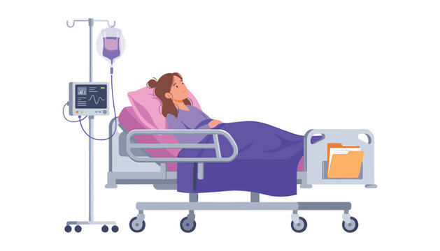 Female patient lying in hospital bed vector illustration with IV drip and vital signs medical monitor.