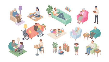 Fototapeta premium People of different ages reading books vector illustration set featuring diverse characters sitting relaxing and learning isolated.